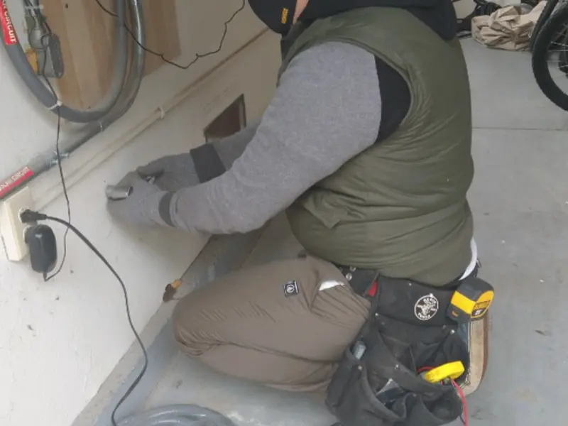 Electrician performing outlet wiring in a Norwich garage